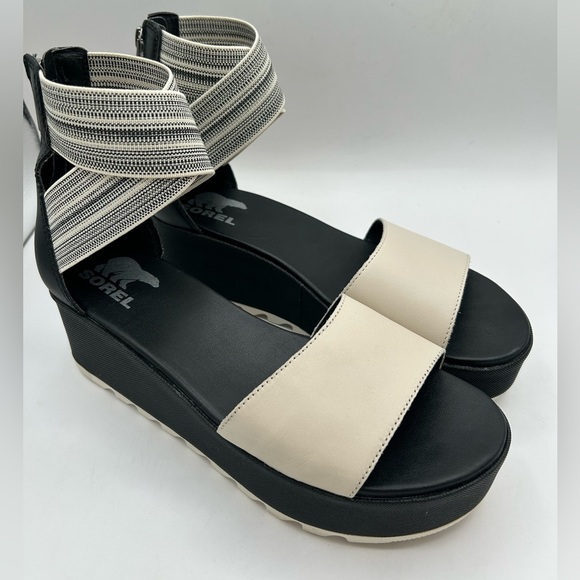 NEW Sorel Cameron Flatform Ankle Strap Platform Wedge Sandals Leather Black 8.5 - Picture 4 of 12